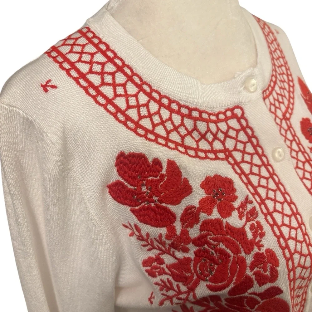 Charter Club White with Red Floral Embroidery Button up Sweater Small